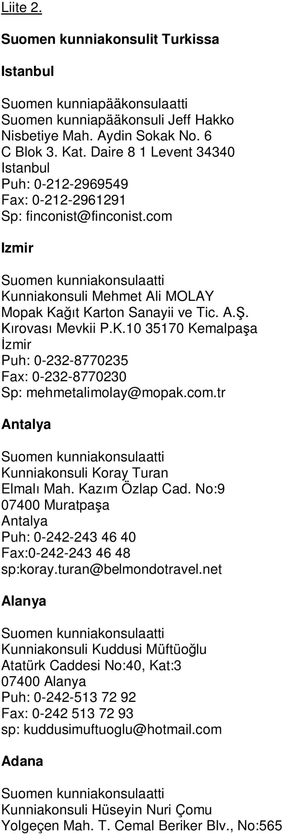 K.10 35170 Kemalpa a zmir Puh: 0-232-8770235 Fax: 0-232-8770230 Sp: mehmetalimolay@mopak.com.tr Antalya Suomen kunniakonsulaatti Kunniakonsuli Koray Turan Elmal Mah. Kaz m Özlap Cad.