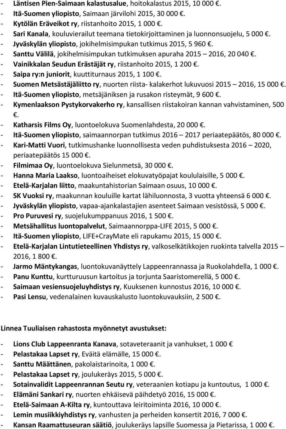 - Santtu Välilä, jokihelmisimpukan tutkimuksen apuraha 2015 2016, 20 040. - Vainikkalan Seudun Erästäjät ry, riistanhoito 2015, 1 200. - Saipa ry:n juniorit, kuuttiturnaus 2015, 1 100.