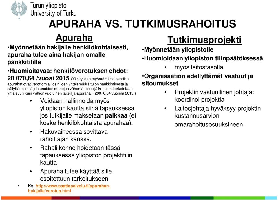 stipendit ja apurahat ovat verottomia, jos niiden yhteismäärä tulon hankkimisesta ja säilyttämisestä johtuneiden menojen vähentämisen jälkeen on korkeintaan yhtä suuri kuin valtion vuotuinen