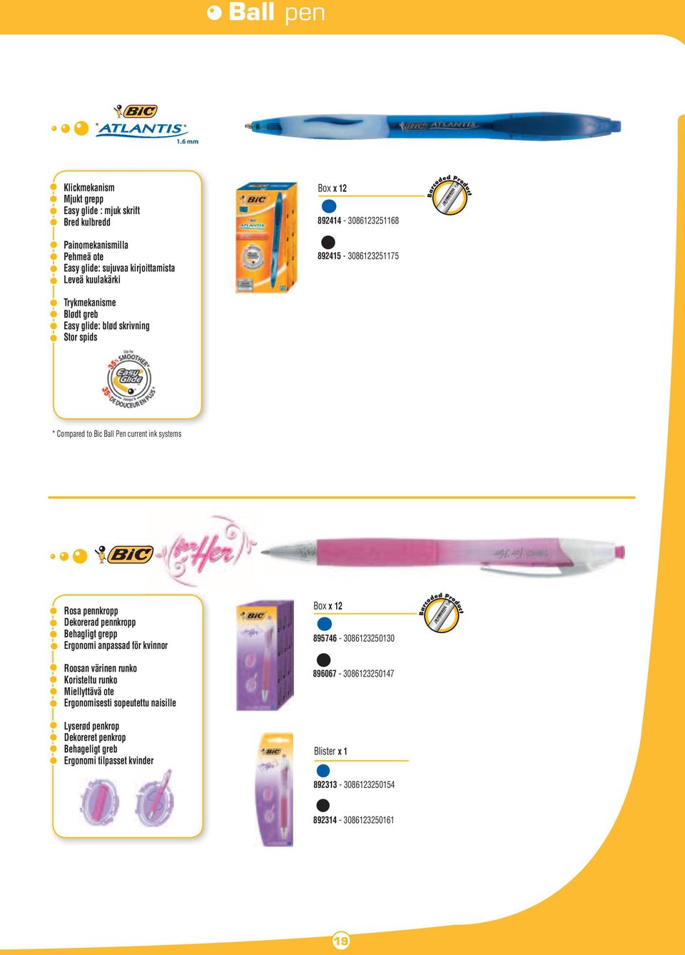 Trykmekanisme Blødt greb Easy glide: blød skrivning Stor spids 892414-3086123251168 892415-3086123251175 * Compared to Bic Ball Pen current ink systems Rosa