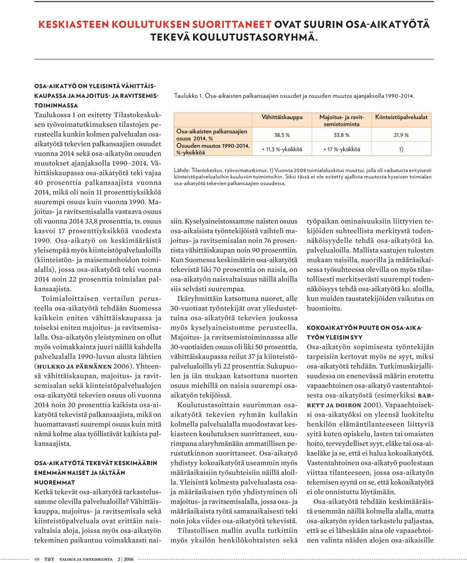 osaaikatyötä tekevien palkansaajien osuudet vuonna 2014 sekä osa-aikatyön osuuden muutokset ajanjaksolla 1990 2014.