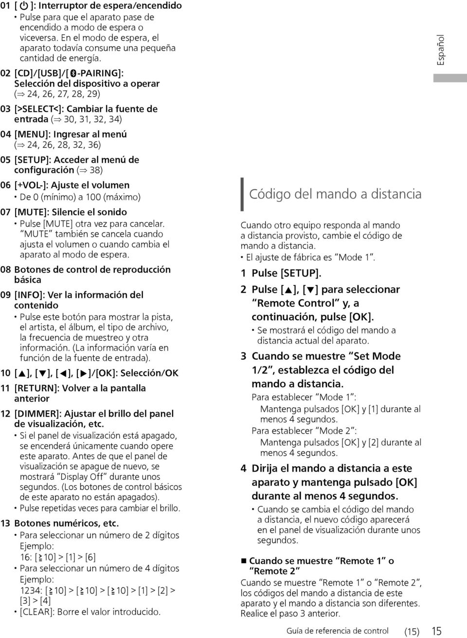 36) 05 [SETUP]: Acceder al menú de configuración ( 38) 06 [+VOL-]: Ajuste el volumen De 0 (mínimo) a 100 (máximo) 07 [MUTE]: Silencie el sonido Pulse [MUTE] otra vez para cancelar.