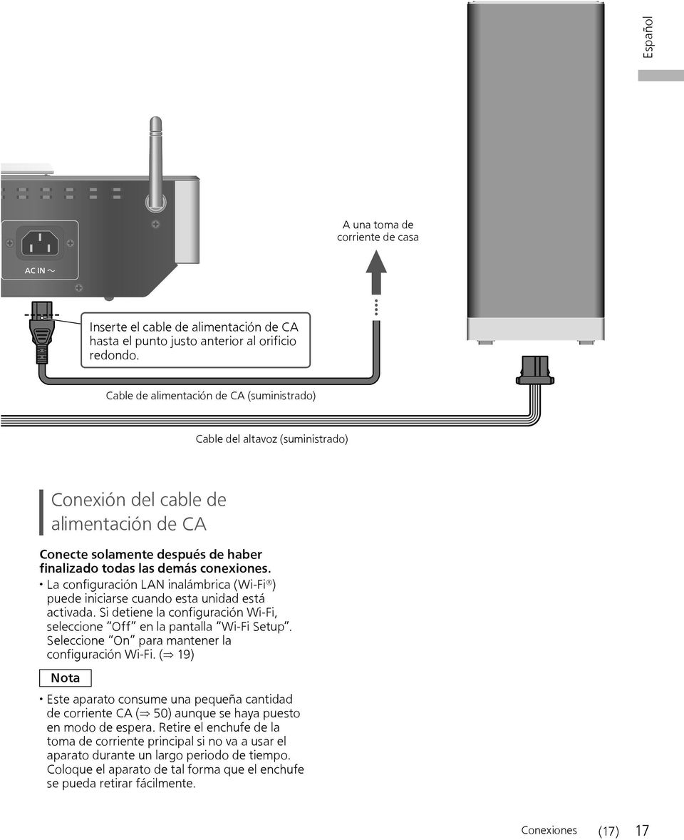 La configuración LAN inalámbrica (Wi-Fi ) puede iniciarse cuando esta unidad está activada. Si detiene la configuración Wi-Fi, seleccione Off en la pantalla Wi-Fi Setup.