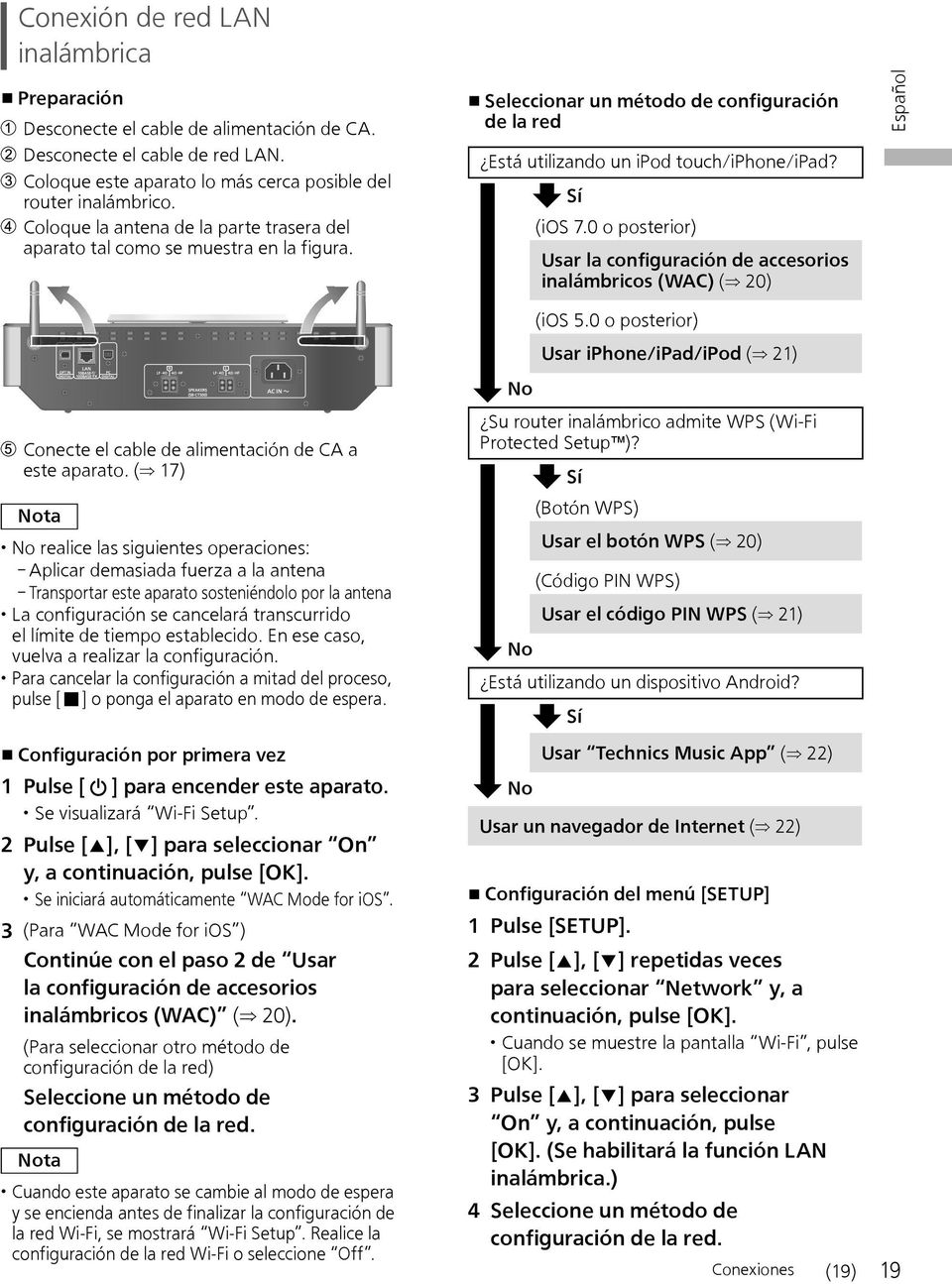 Sí (ios 7.0 o posterior) Usar la configuración de accesorios inalámbricos (WAC) ( 20) Conecte el cable de alimentación de CA a este aparato.