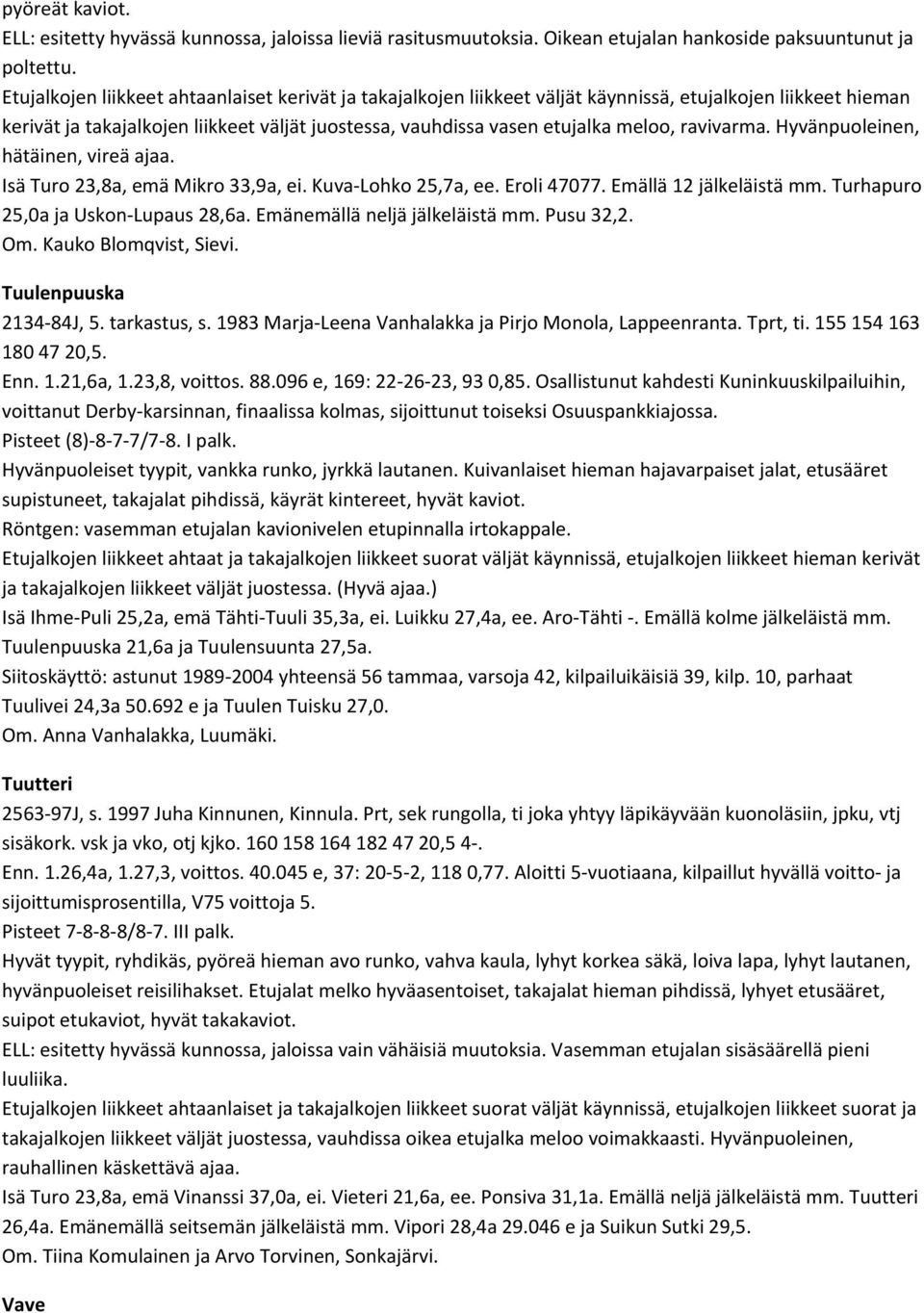ravivarma. Hyvänpuoleinen, hätäinen, vireä ajaa. Isä Turo 23,8a, emä Mikro 33,9a, ei. Kuva Lohko 25,7a, ee. Eroli 47077. Emällä 12 jälkeläistä mm. Turhapuro 25,0a ja Uskon Lupaus 28,6a.