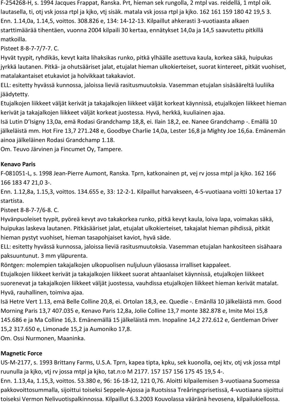 Kilpaillut ahkerasti 3 vuotiaasta alkaen starttimäärää tihentäen, vuonna 2004 kilpaili 30 kertaa, ennätykset 14,0a ja 14,5 saavutettu pitkillä matkoilla. Pisteet 8 8 7 7/7 7. C.