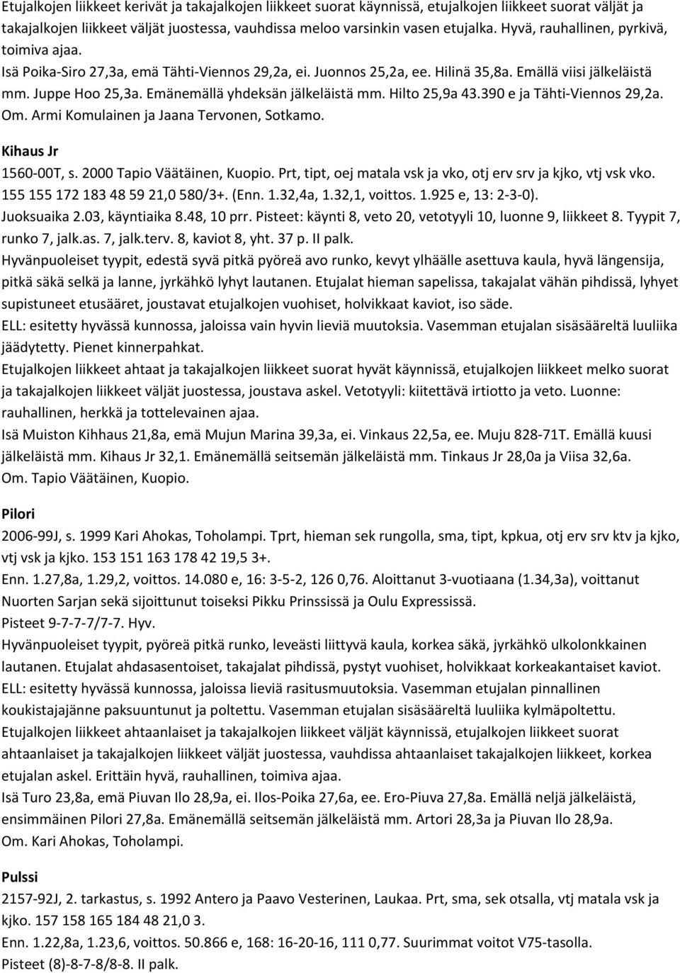 Emänemällä yhdeksän jälkeläistä mm. Hilto 25,9a 43.390 e ja Tähti Viennos 29,2a. Om. Armi Komulainen ja Jaana Tervonen, Sotkamo. Kihaus Jr 1560 00T, s. 2000 Tapio Väätäinen, Kuopio.