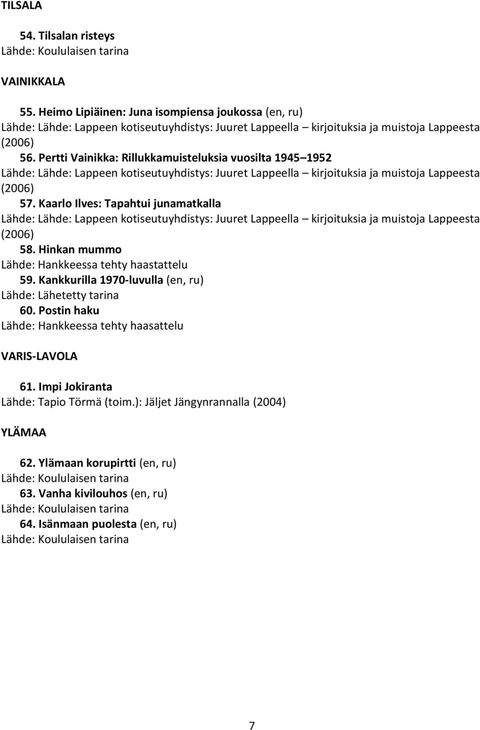 Kaarlo Ilves: Tapahtui junamatkalla Lähde: Lähde: Lappeen kotiseutuyhdistys: Juuret Lappeella kirjoituksia ja muistoja Lappeesta (2006) 58. Hinkan mummo 59. Kankkurilla 1970-luvulla (en, ru) 60.