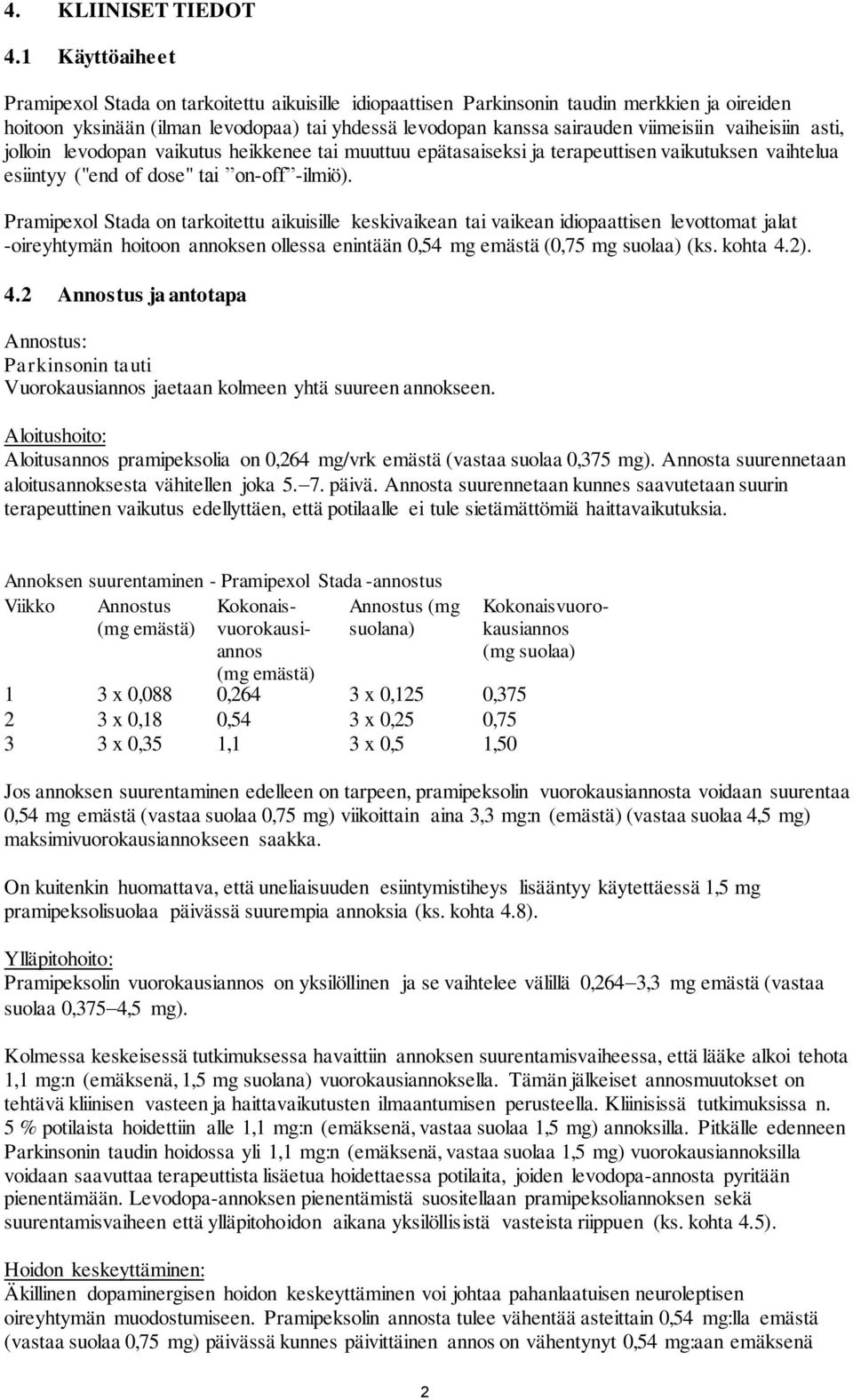 vaiheisiin asti, jolloin levodopan vaikutus heikkenee tai muuttuu epätasaiseksi ja terapeuttisen vaikutuksen vaihtelua esiintyy ("end of dose" tai on-off -ilmiö).