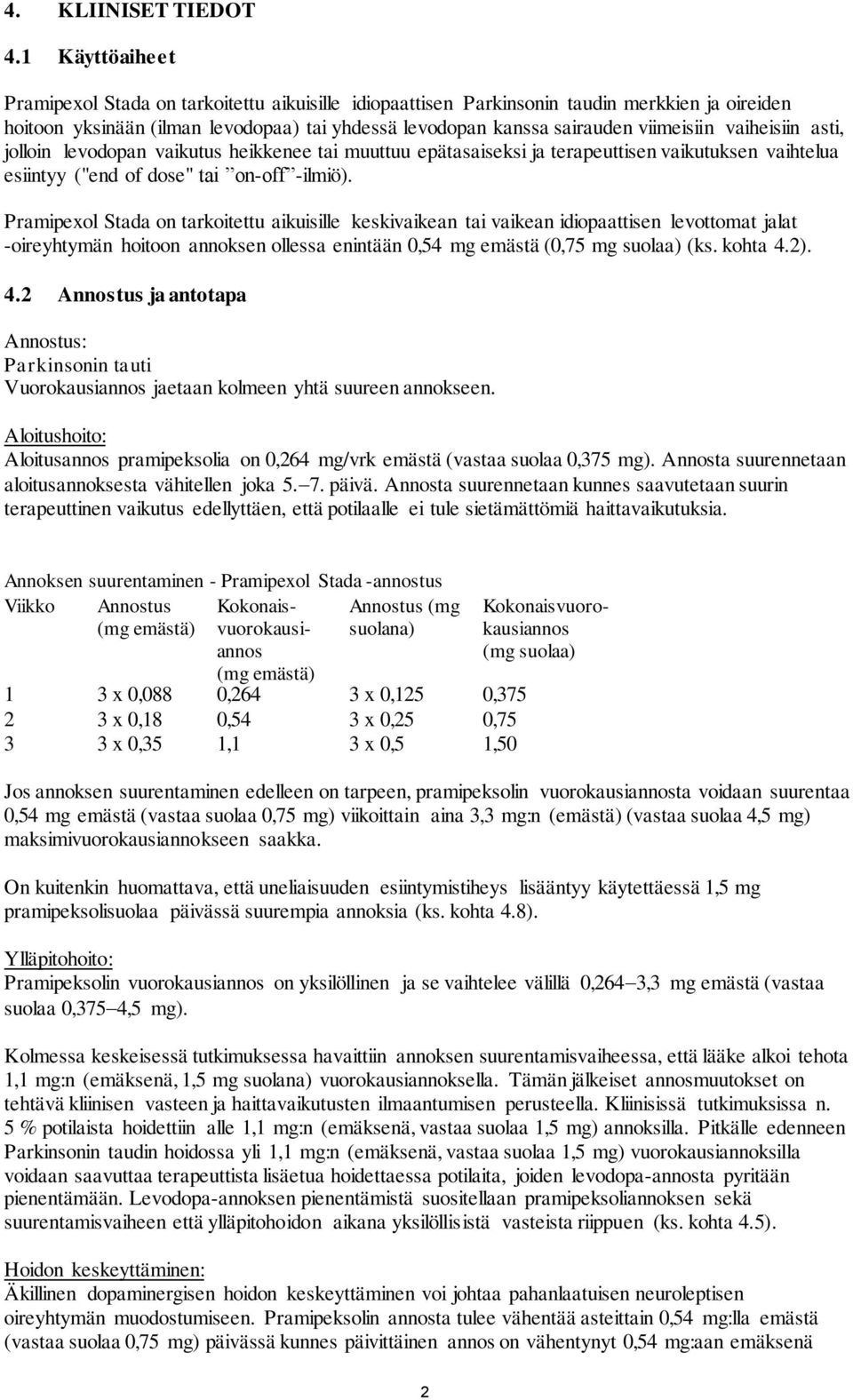 vaiheisiin asti, jolloin levodopan vaikutus heikkenee tai muuttuu epätasaiseksi ja terapeuttisen vaikutuksen vaihtelua esiintyy ("end of dose" tai on-off -ilmiö).