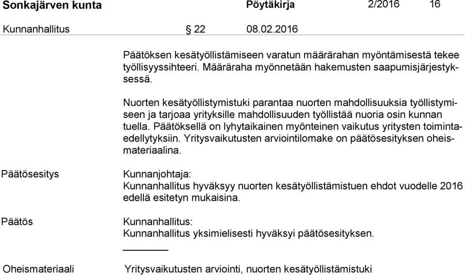 Nuorten kesätyöllistymistuki parantaa nuorten mahdollisuuksia työl lis ty miseen ja tarjoaa yrityksille mahdollisuuden työllistää nuoria osin kunnan tuel la.