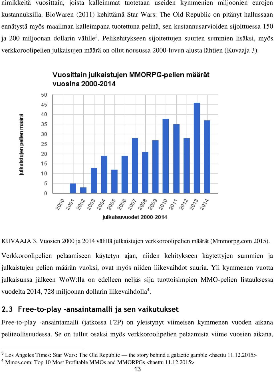 välille 3. Pelikehitykseen sijoitettujen suurten summien lisäksi, myös verkkoroolipelien julkaisujen määrä on ollut nousussa 2000-luvun alusta lähtien (Kuvaaja 3). KUVAAJA 3.