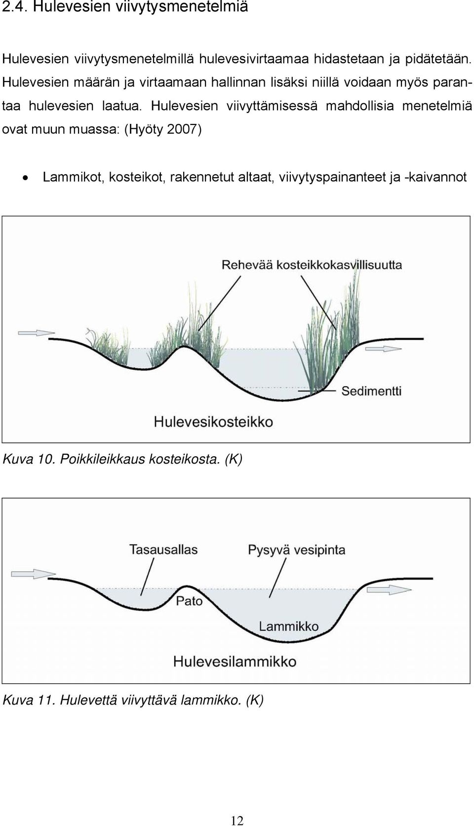 Hulevesien viivyttämisessä mahdollisia menetelmiä ovat muun muassa: (Hyöty 2007) Lammikot, kosteikot, rakennetut