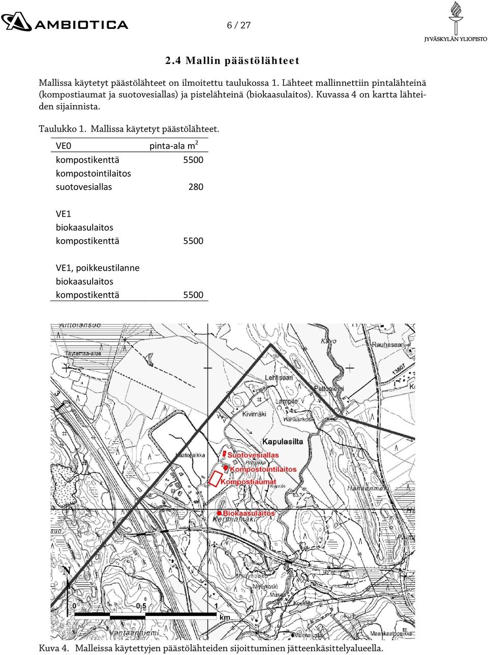 Kuvassa 4 on kartta lähteiden sijainnista. Taulukko 1. Mallissa käytetyt päästölähteet.