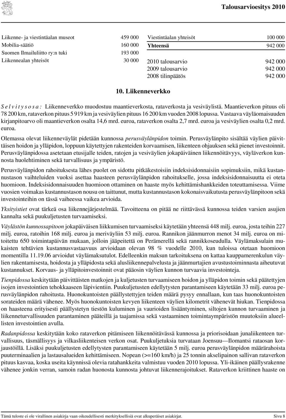 Maantieverkon pituus oli 78 200 km, rataverkon pituus 5 919 km ja vesiväylien pituus 16 200 km vuoden 2008 lopussa. Vastaava väyläomaisuuden kirjanpitoarvo oli maantieverkon osalta 14,6 mrd.