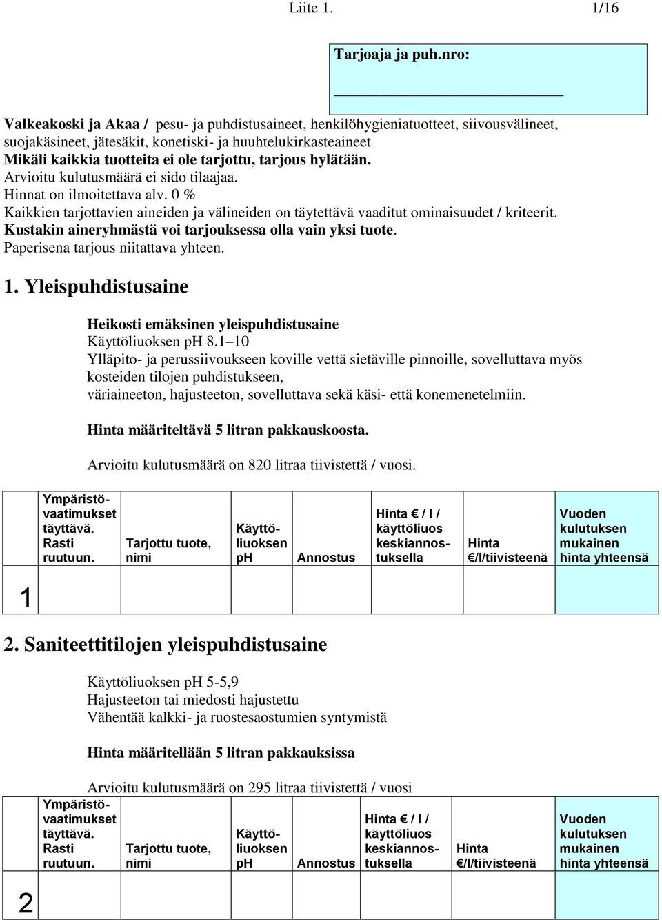 tarjous hylätään. Arvioitu kulutusmäärä ei sido tilaajaa. Hinnat on ilmoitettava alv. 0 % Kaikkien tarjottavien aineiden ja välineiden on täytettävä vaaditut ominaisuudet / kriteerit.