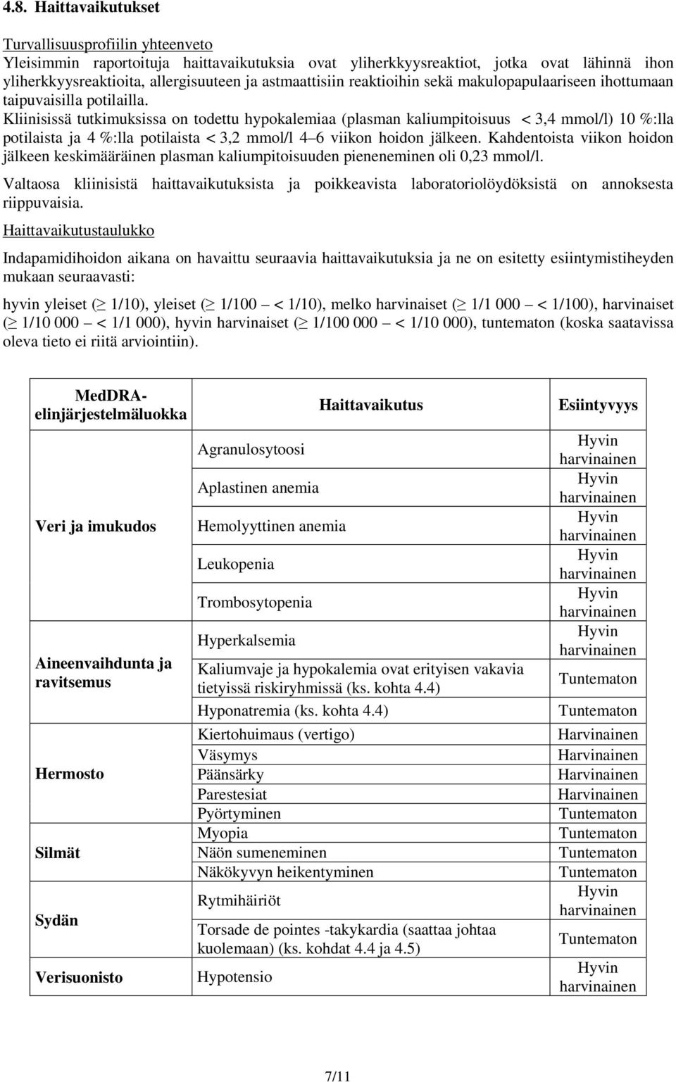 Kliinisissä tutkimuksissa on todettu hypokalemiaa (plasman kaliumpitoisuus < 3,4 mmol/l) 10 %:lla potilaista ja 4 %:lla potilaista < 3,2 mmol/l 4 6 viikon hoidon jälkeen.