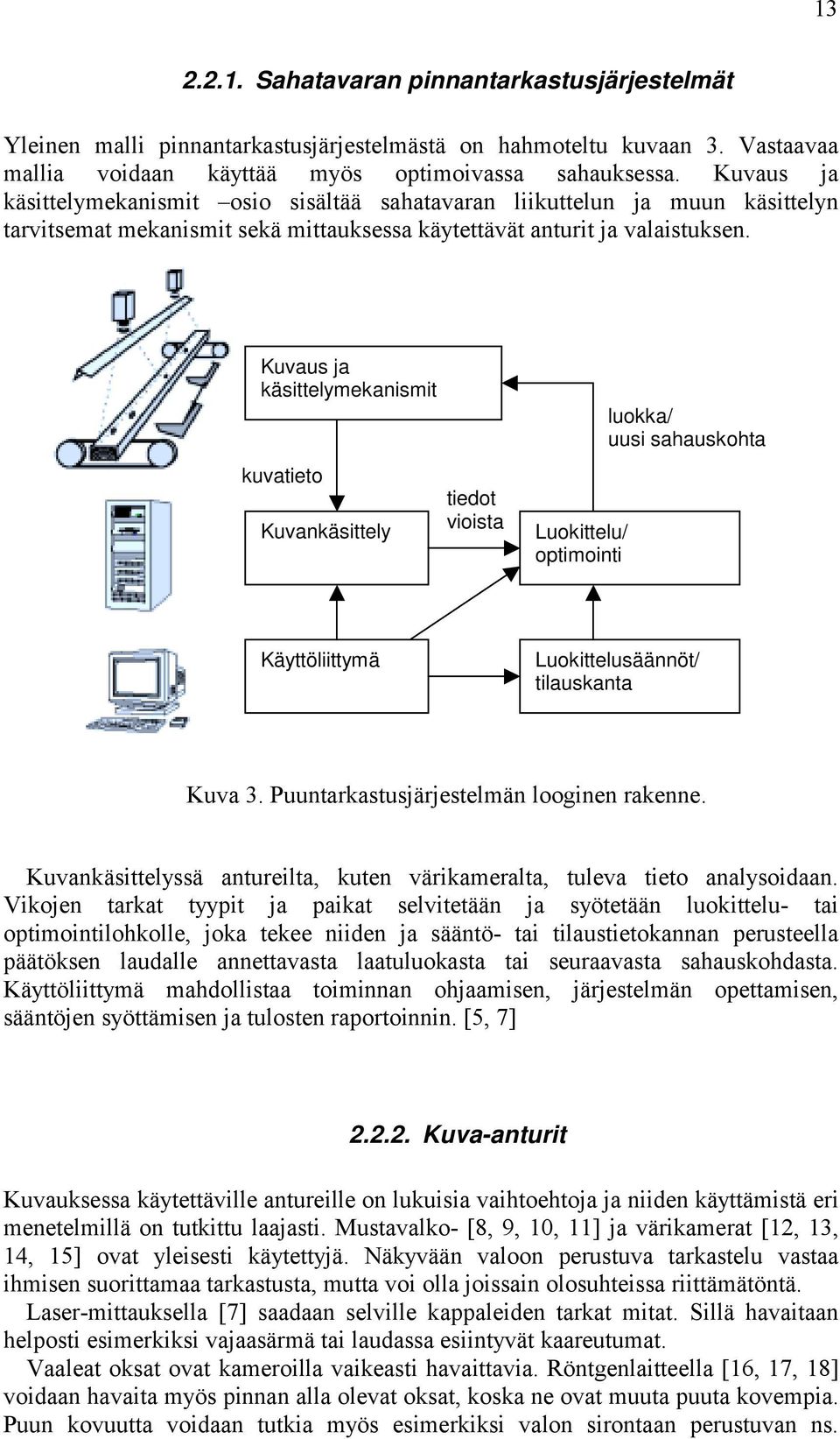 Kuvaus ja käsittelymekanismit kuvatieto Kuvankäsittely tiedot vioista Luokittelu/ optimointi luokka/ uusi sahauskohta Käyttöliittymä Luokittelusäännöt/ tilauskanta Kuva 3.