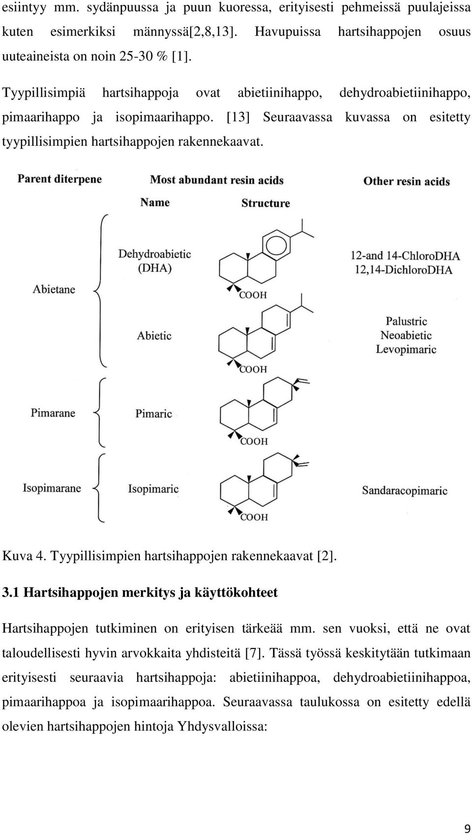 Tyypillisimpien hartsihappojen rakennekaavat [2]. 3.1 Hartsihappojen merkitys ja käyttökohteet Hartsihappojen tutkiminen on erityisen tärkeää mm.