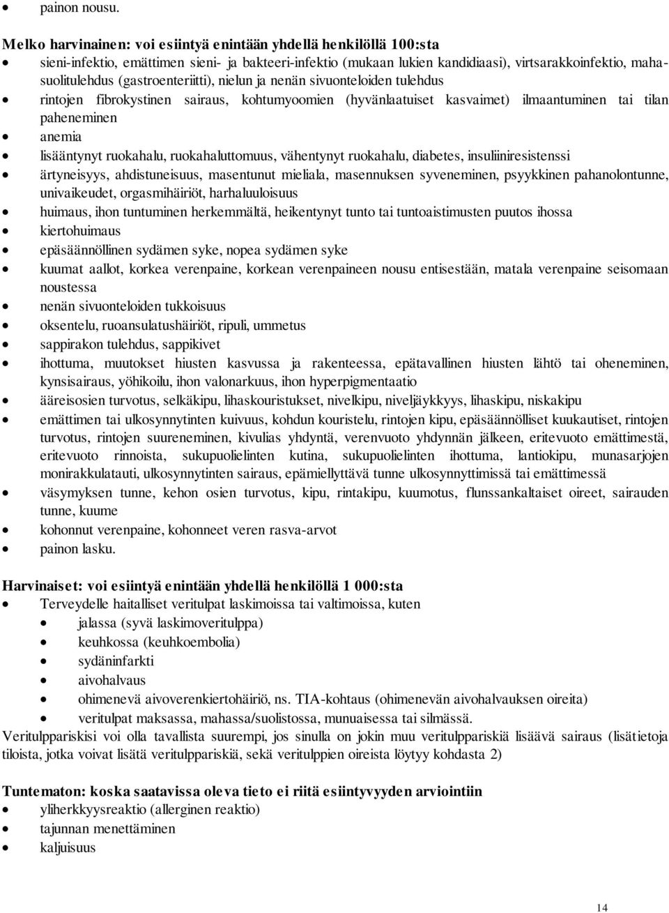 (gastroenteriitti), nielun ja nenän sivuonteloiden tulehdus rintojen fibrokystinen sairaus, kohtumyoomien (hyvänlaatuiset kasvaimet) ilmaantuminen tai tilan paheneminen anemia lisääntynyt ruokahalu,