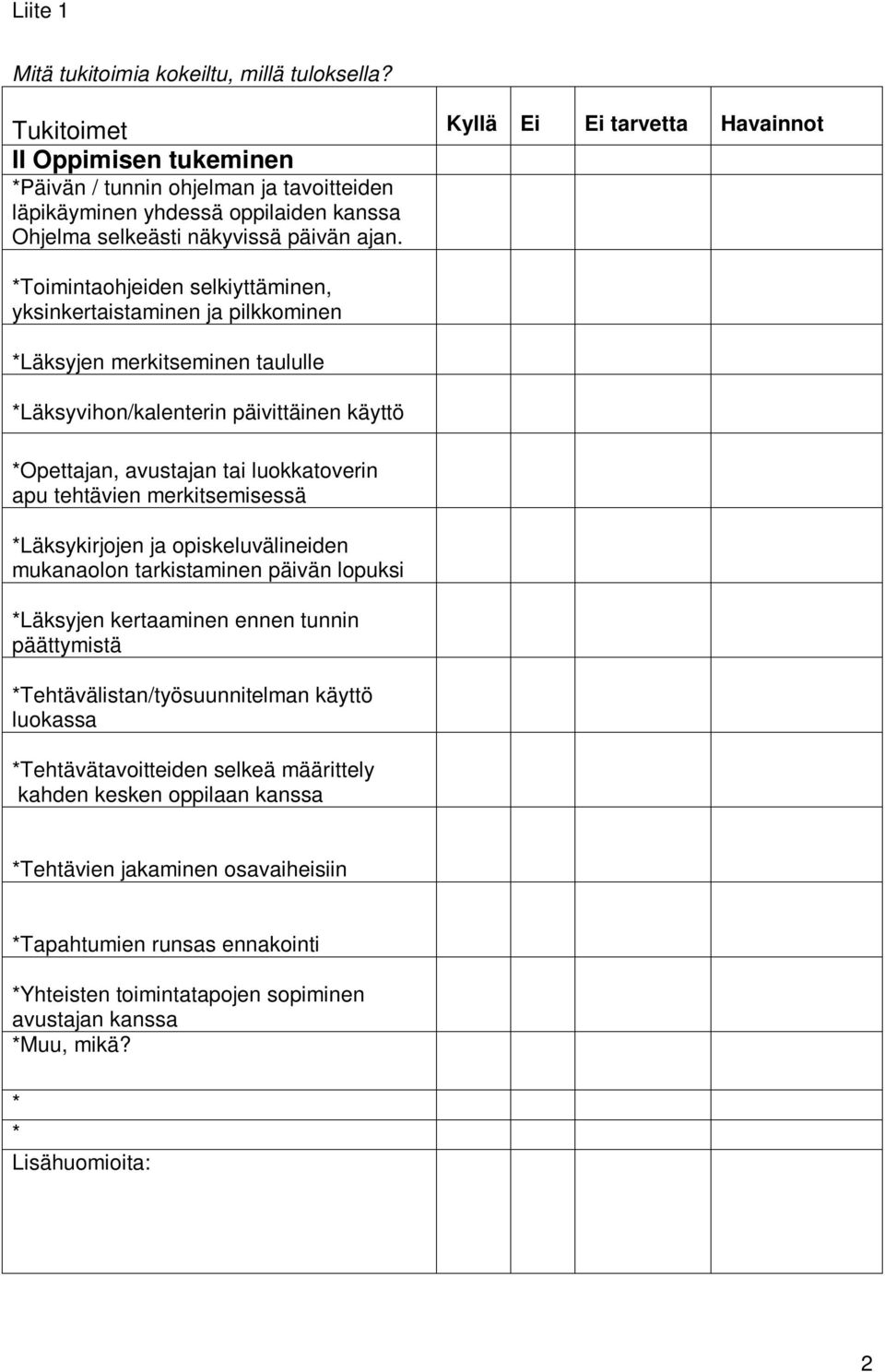 *Toimintaohjeiden selkiyttäminen, yksinkertaistaminen ja pilkkominen *Läksyjen merkitseminen taululle *Läksyvihon/kalenterin päivittäinen käyttö *Opettajan, avustajan tai luokkatoverin apu tehtävien