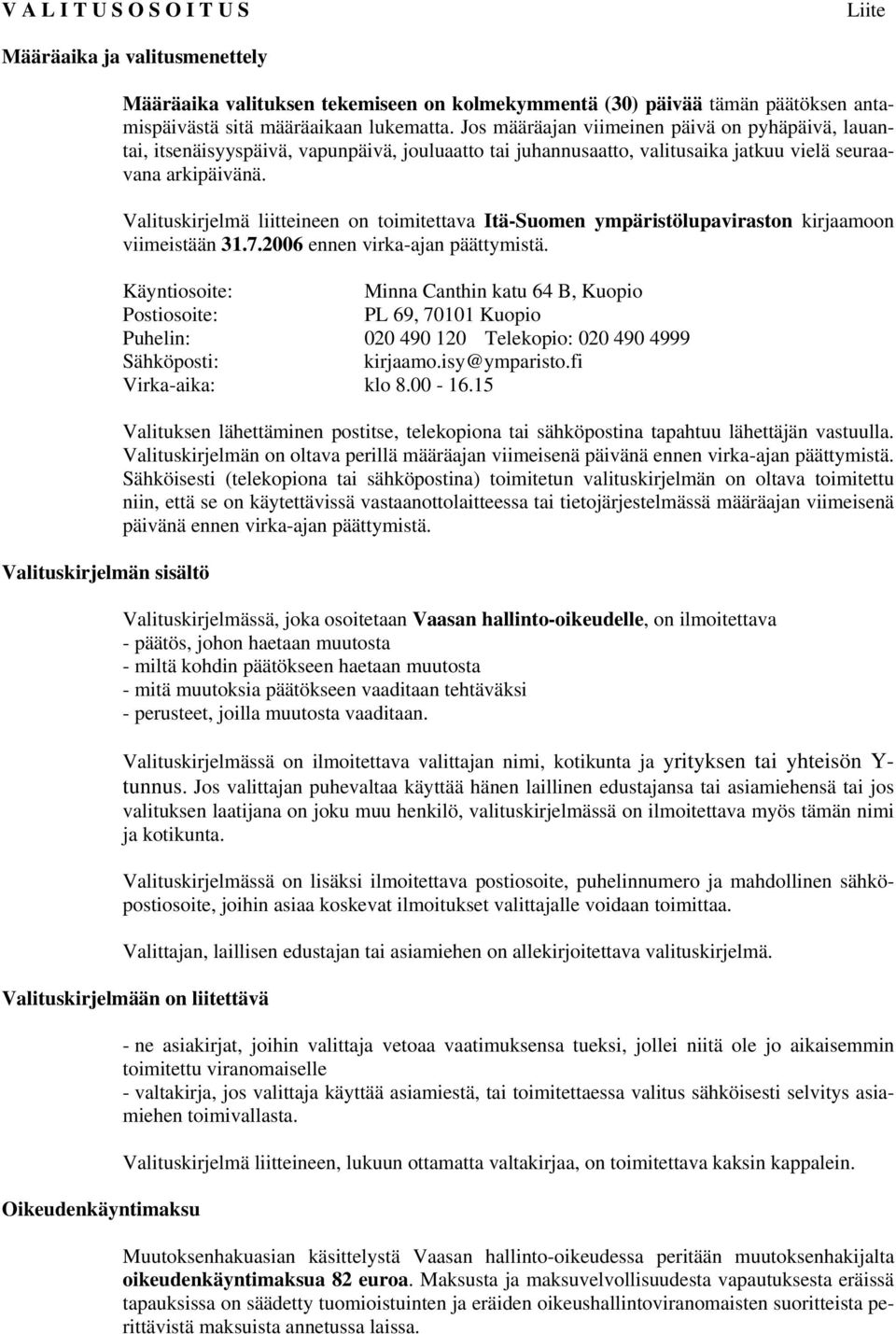 Valituskirjelmä liitteineen on toimitettava Itä-Suomen ympäristölupaviraston kirjaamoon viimeistään 31.7.2006 ennen virka-ajan päättymistä.