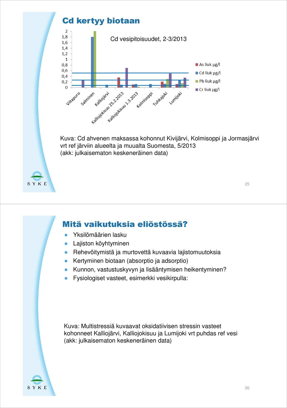 Yksilömäärien lasku Lajiston köyhtyminen Rehevöitymistä ja murtovettä kuvaavia lajistomuutoksia Kertyminen biotaan (absorptio ja adsorptio) Kunnon, vastustuskyvyn