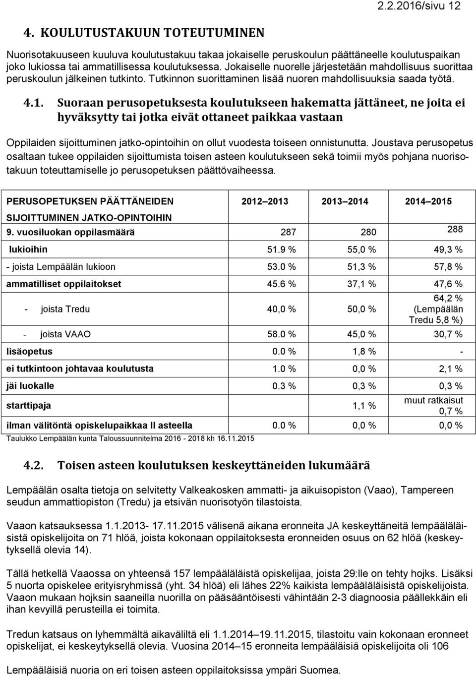 Suoraan perusopetuksesta koulutukseen hakematta jättäneet, ne joita ei hyväksytty tai jotka eivät ottaneet paikkaa vastaan Oppilaiden sijoittuminen jatko-opintoihin on ollut vuodesta toiseen