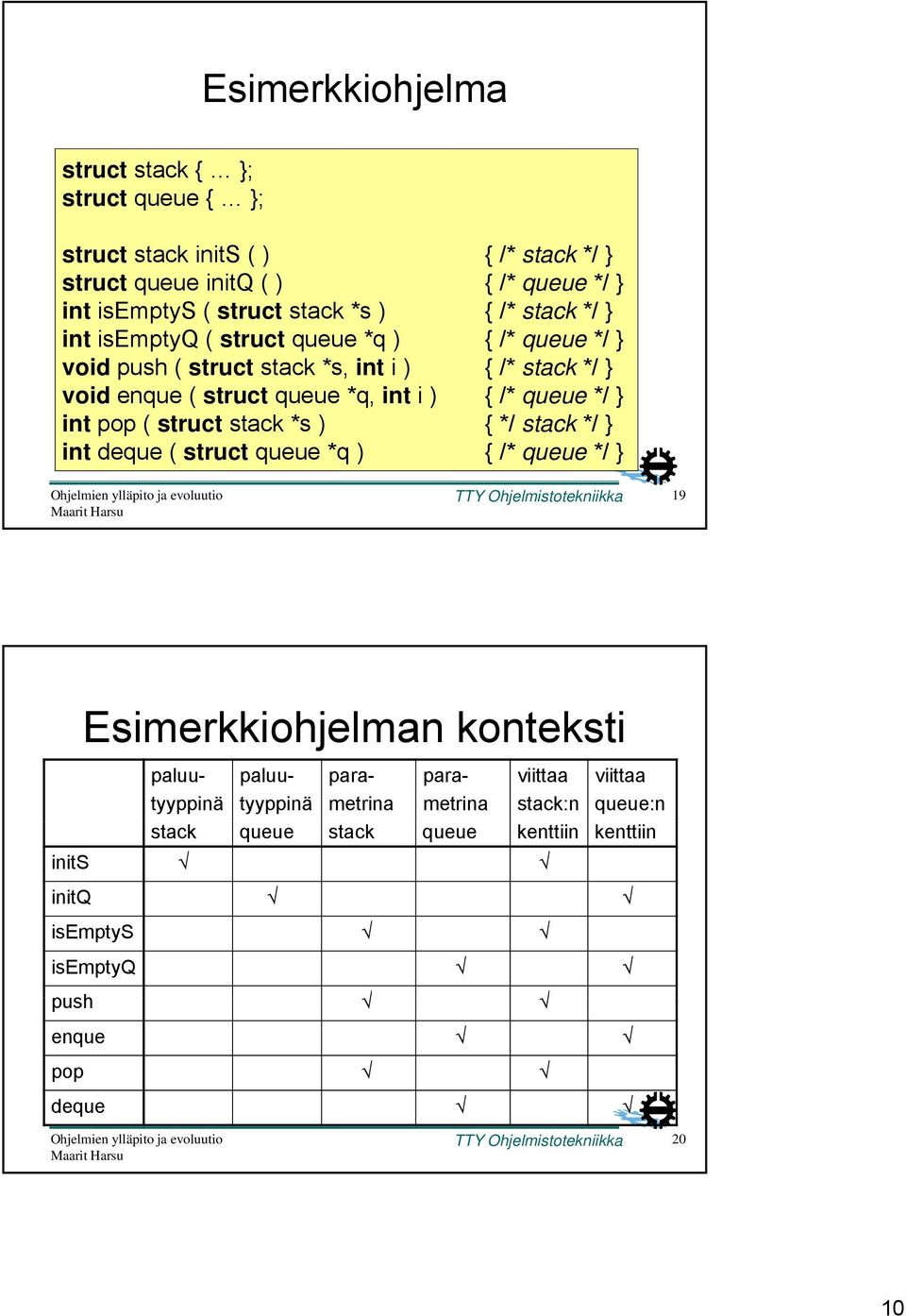 pop ( struct stack *s ) { */ stack */ } int deque ( struct queue *q ) { /* queue */ } TTY Ohjelmistotekniikka 19 Esimerkkiohjelman konteksti paluutyyppinä paluutyyppinä