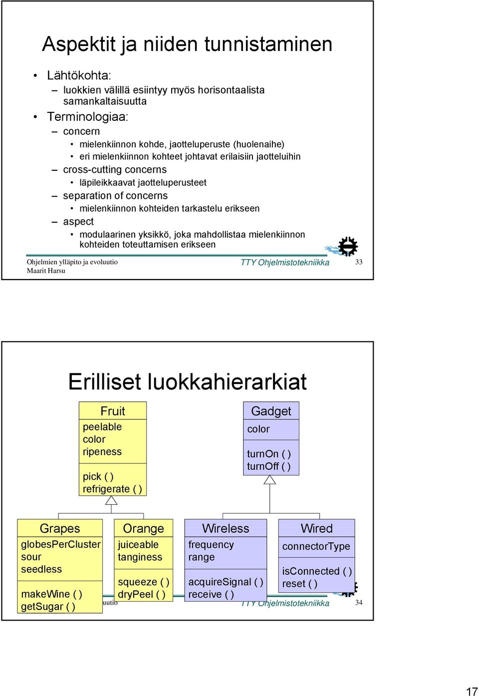 yksikkö, joka mahdollistaa mielenkiinnon kohteiden toteuttamisen erikseen TTY Ohjelmistotekniikka 33 Erilliset luokkahierarkiat Fruit peelable color ripeness pick ( ) refrigerate ( ) Gadget color