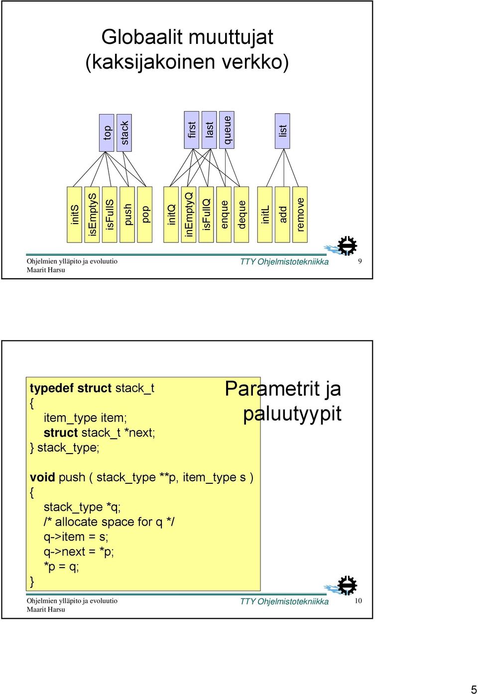 item; struct stack_t t *next; } stack_type; Parametrit ja paluutyypit void push ( stack_type **p, item_type s