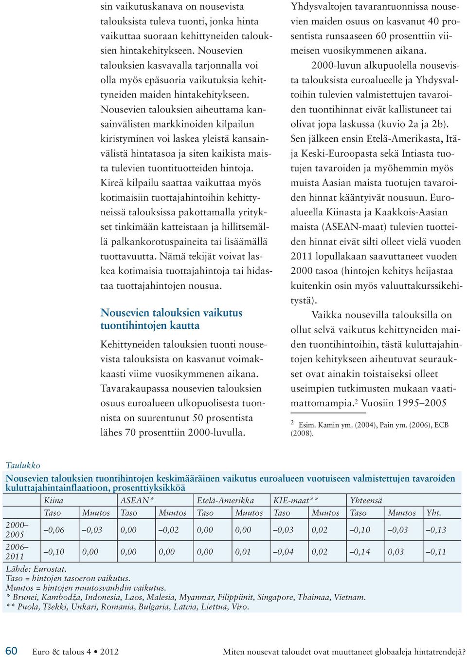 Nousevien talouksien aiheuttama kansainvälisten markkinoiden kilpailun kiristyminen voi laskea yleistä kansainvälistä hintatasoa ja siten kaikista maista tulevien tuontituotteiden hintoja.