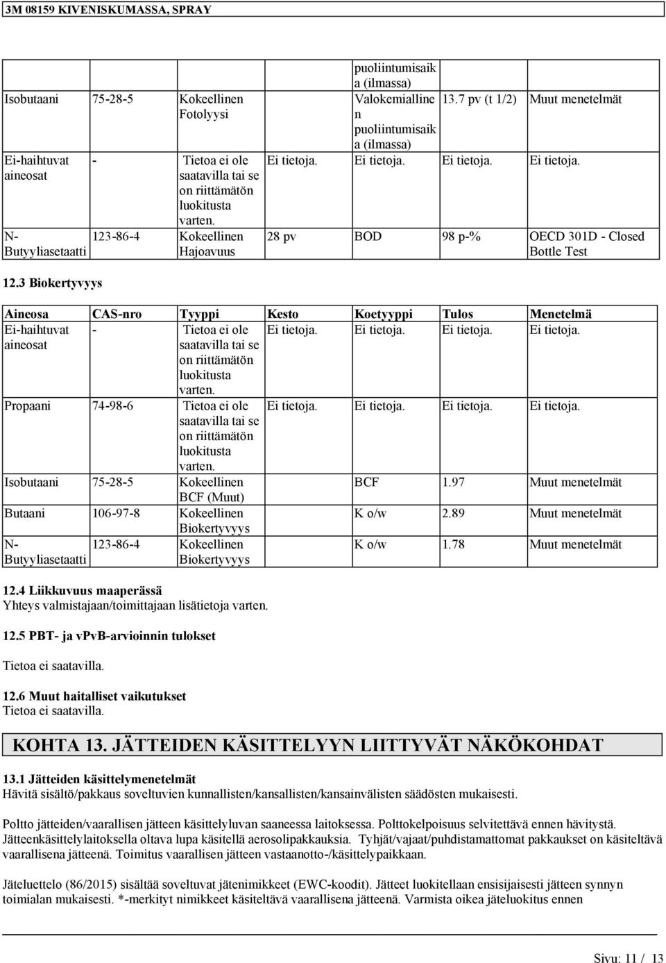 Ei tietoja. Ei tietoja. Ei tietoja. 28 pv BOD 98 p-% OECD 301D - Closed Bottle Test Aineosa CAS-nro Tyyppi Kesto Koetyyppi Tulos Menetelmä Ei-haihtuvat - Tietoa ei ole Ei tietoja. Ei tietoja. Ei tietoja. Ei tietoja. aineosat Propaani 74-98-6 Tietoa ei ole Ei tietoja.