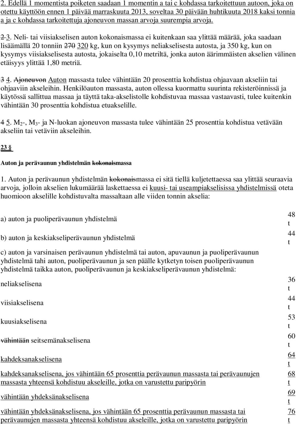 Neli- ai viisiakselisen auon kokonaisassa ei kuienkaan saa yliää äärää, joka saadaan lisääällä 20 onniin 270 320 kg, kun on kysyys neliakselisesa auosa, ja 350 kg, kun on kysyys viisiakselisesa