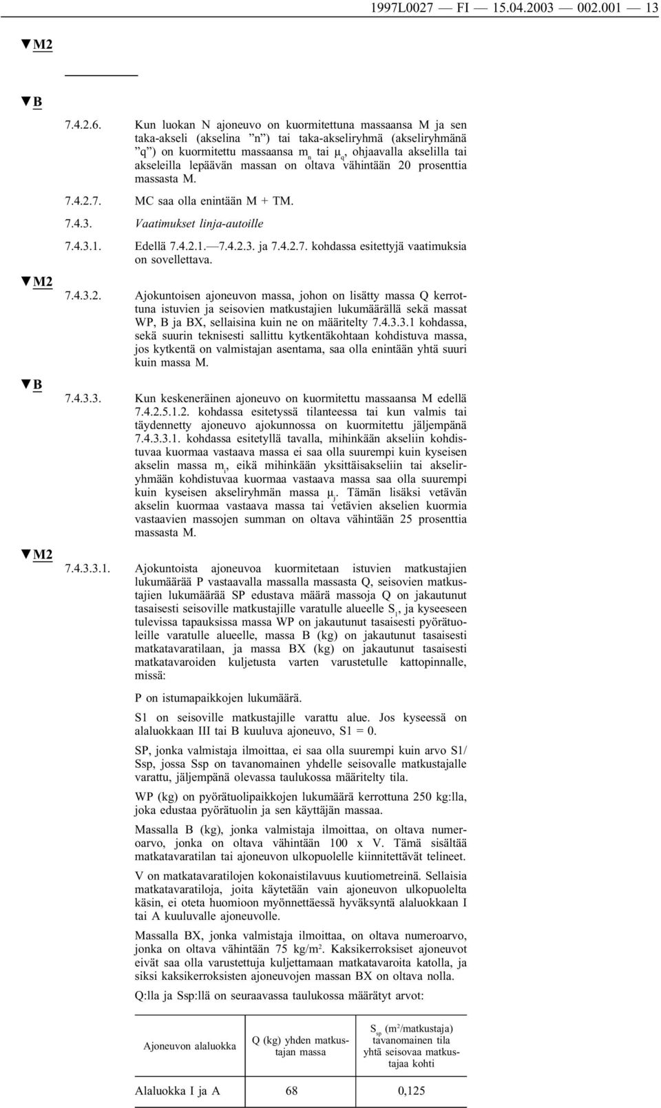 lepäävän massan on oltava vähintään 20 prosenttia massasta M. 7.4.2.7. MC saa olla enintään M + TM. 7.4.3. Vaatimukset linja-autoille 7.4.3.1. Edellä 7.4.2.1. 7.4.2.3. ja 7.4.2.7. kohdassa esitettyjä vaatimuksia on sovellettava.