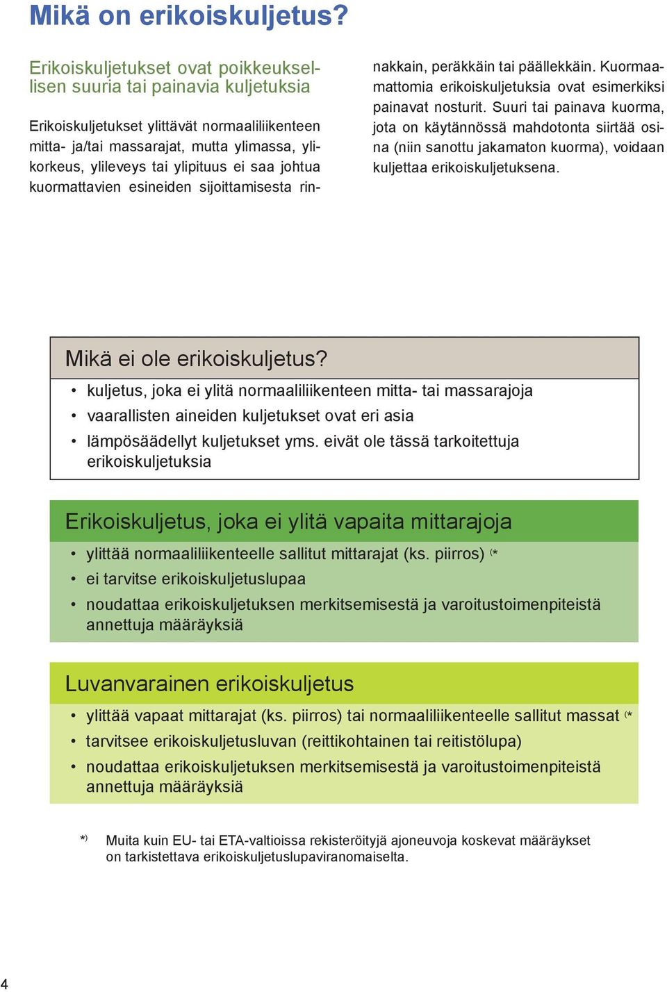 ei saa johtua kuormattavien esineiden sijoittamisesta rinnakkain, peräkkäin tai päällekkäin. Kuormaamattomia erikoiskuljetuksia ovat esimerkiksi painavat nosturit.