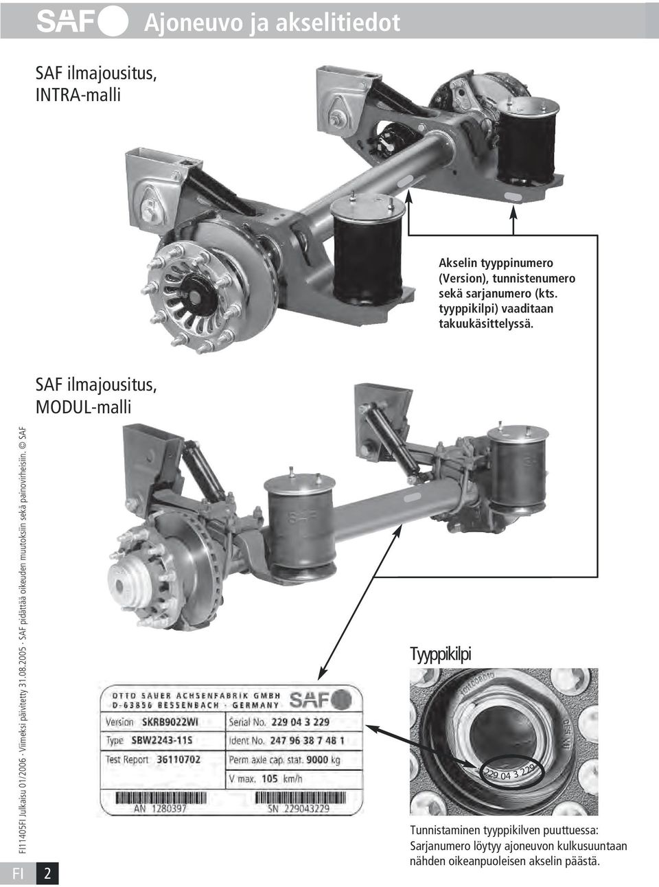 SAF ilmajousitus, MODUL-malli FI 2 Tyyppikilpi 229 04 3 229 Tunnistaminen tyyppikilven