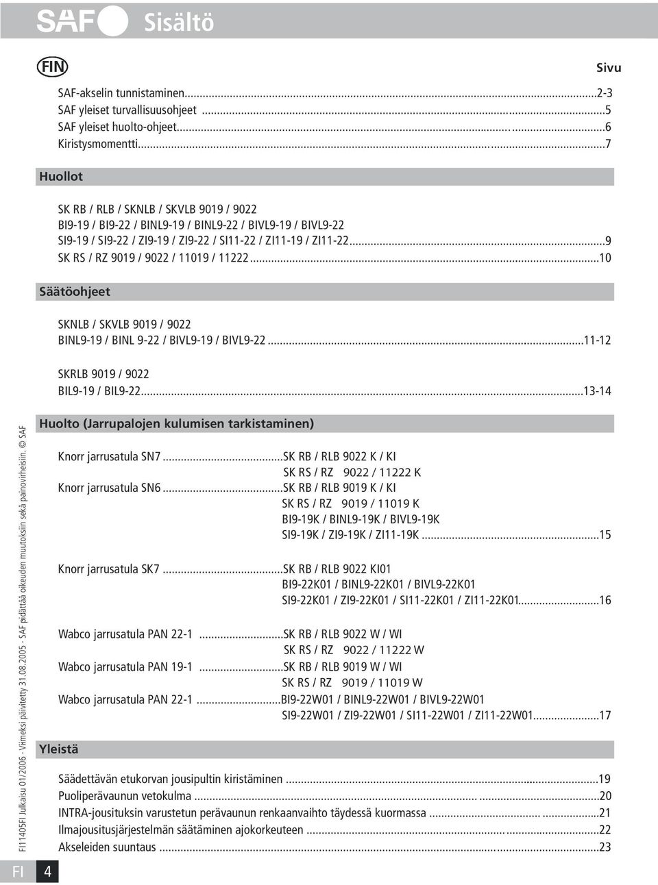 ..9 SK RS / RZ 9019 / 9022 / 11019 / 11222...10. Säätöohjeet SKNLB / SKVLB 9019 / 9022 BINL9-19 / BINL 9-22 / BIVL9-19 / BIVL9-22...11-12. SKRLB 9019 / 9022 BIL9-19 / BIL9-22.