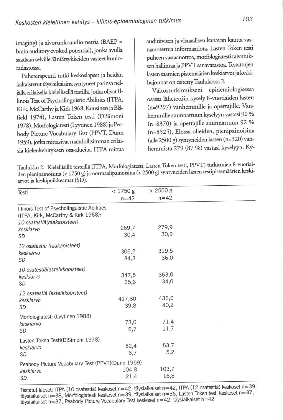 Puheterapeutti tutki keskoslapset ja heidän kaltaistetut täysiaikaisina syntyneet parinsa neljälläerilaisella kielellisellä testillä, jotka olivat 11 linois Test ofpsycholinguistic Abilities (ITPA,