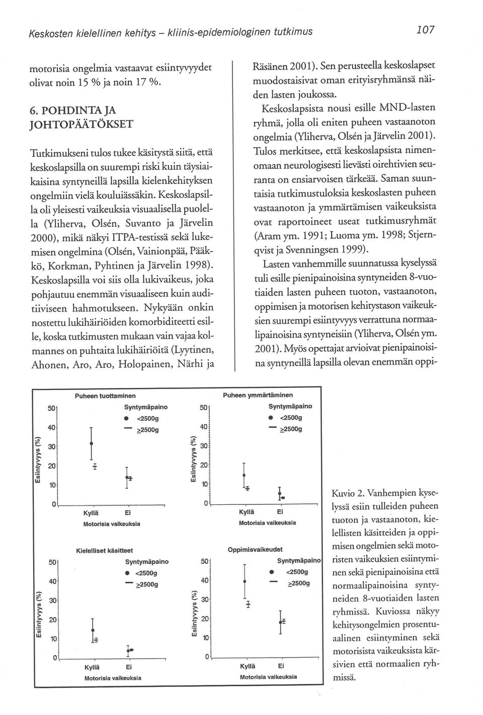 Keskoslapsilla oli yleisesti vaikeuksiavisuaalisellapuolella (Yliherva, Olsen, Suvanto ja Järvelin 2000), mikä näkyi ITPA-testissä sekä lukemisen ongelmina (Olsen, Vainionpää, Pääkkö, Korkman,