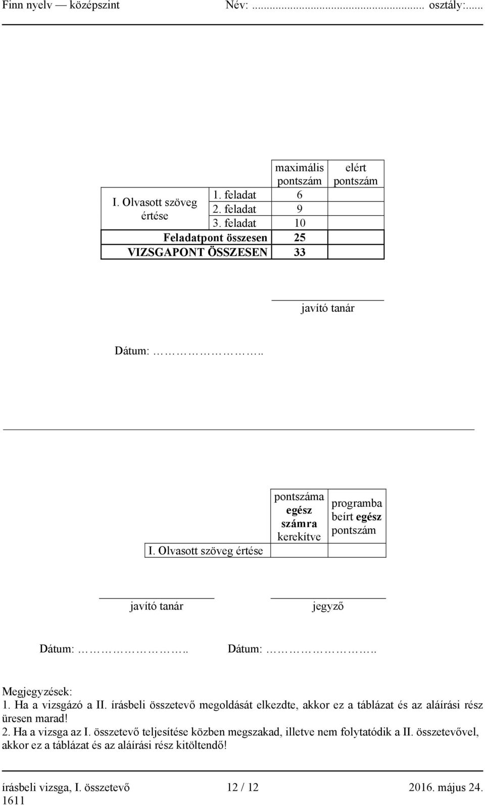 Olvasott szöveg értése pontszáma egész számra kerekítve programba beírt egész pontszám javító tanár jegyző Dátum:.. Dátum:.. Megjegyzések: 1.