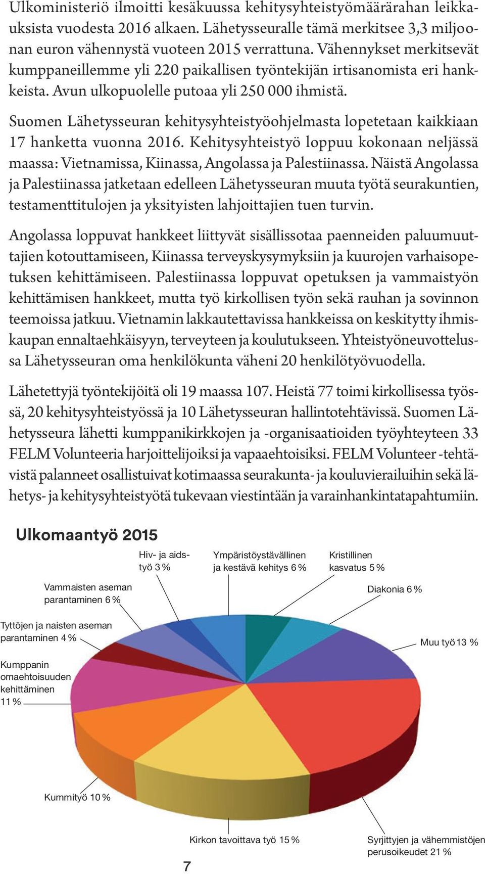 Suomen Lähetysseuran kehitysyhteistyöohjelmasta lopetetaan kaikkiaan 17 hanketta vuonna 2016. Kehitysyhteistyö loppuu kokonaan neljässä maassa: Vietnamissa, Kiinassa, Angolassa ja Palestiinassa.