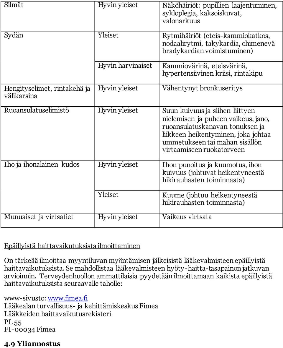 Hyvin yleiset Suun kuivuus ja siihen liittyen nielemisen ja puheen vaikeus, jano, ruoansulatuskanavan tonuksen ja liikkeen heikentyminen, joka johtaa ummetukseen tai mahan sisällön virtaamiseen