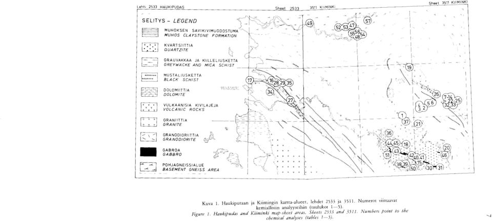 Kitmingin karttaalueet, lehdet 2533 la 3511 Numerot viittaavat kemiallisiin analyyseihin (taulukot 15) Figure