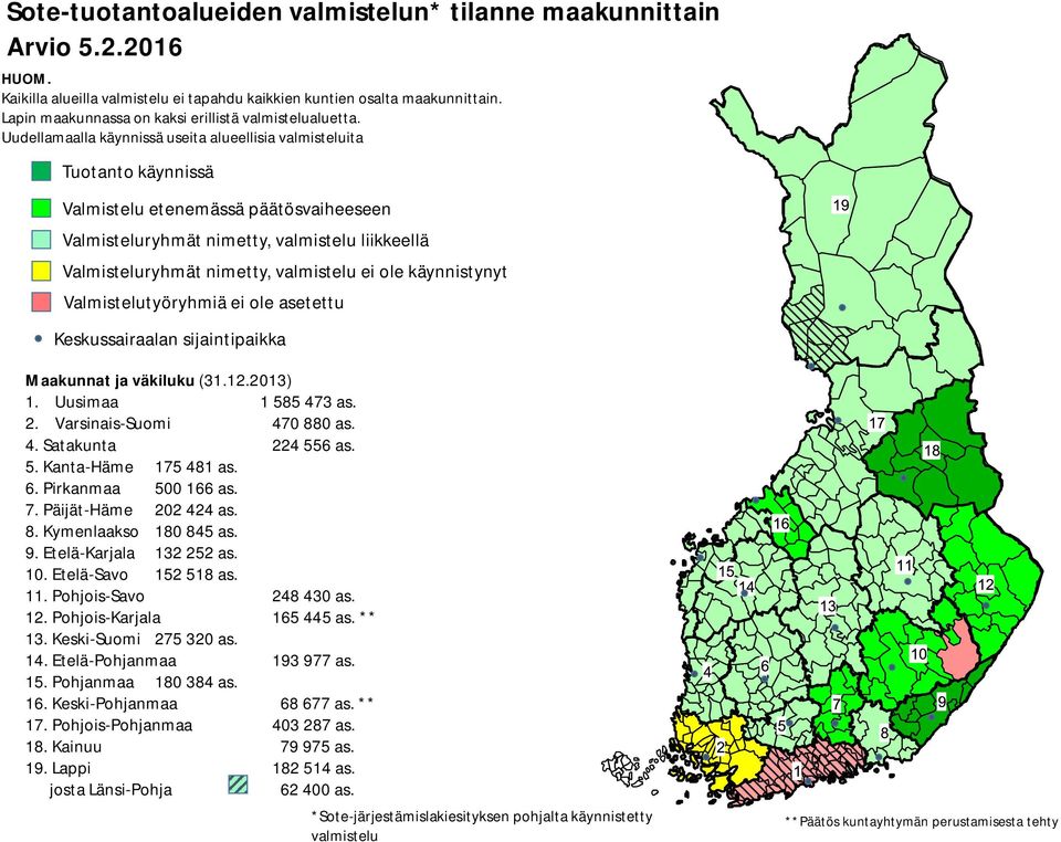 Uudellamaalla käynnissä useita alueellisia valmisteluita Tuotanto käynnissä Valmistelu etenemässä päätösvaiheeseen Valmisteluryhmät nimetty, valmistelu liikkeellä Valmisteluryhmät nimetty, valmistelu