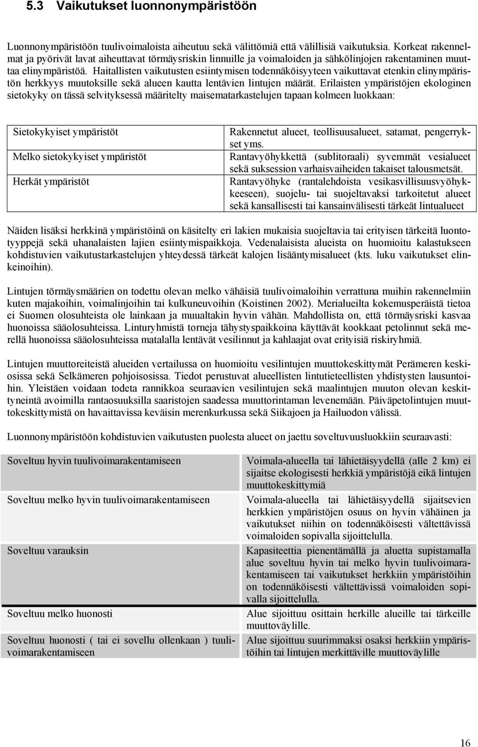 Haitallisten vaikutusten esiintymisen todennäköisyyteen vaikuttavat etenkin elinympäristön herkkyys muutoksille sekä alueen kautta lentävien lintujen määrät.