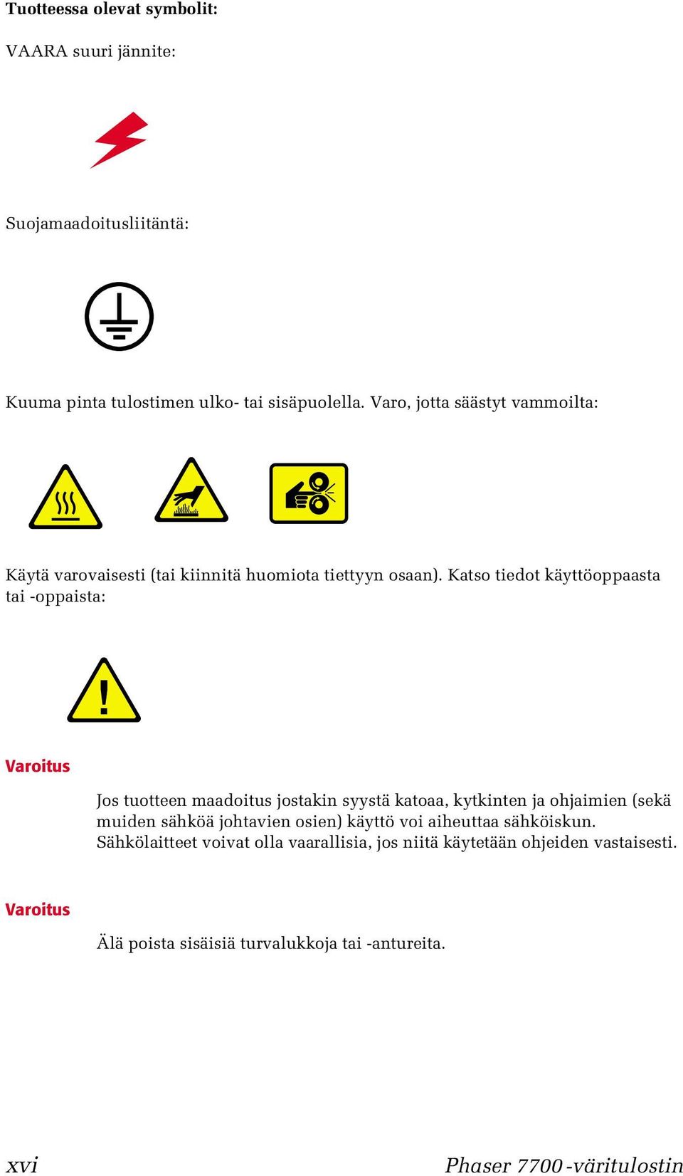 Katso tiedot käyttöoppaasta tai -oppaista: Varoitus Jos tuotteen maadoitus jostakin syystä katoaa, kytkinten ja ohjaimien (sekä muiden sähköä