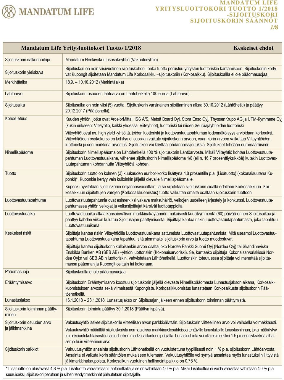 on noin viisivuotinen sijoituskohde, jonka tuotto perustuu yritysten luottoriskin kantamiseen. Sijoituskoriin kertyvät Kupongit sijoitetaan Mandatum Life Korkosalkku sijoituskoriin (Korkosalkku).