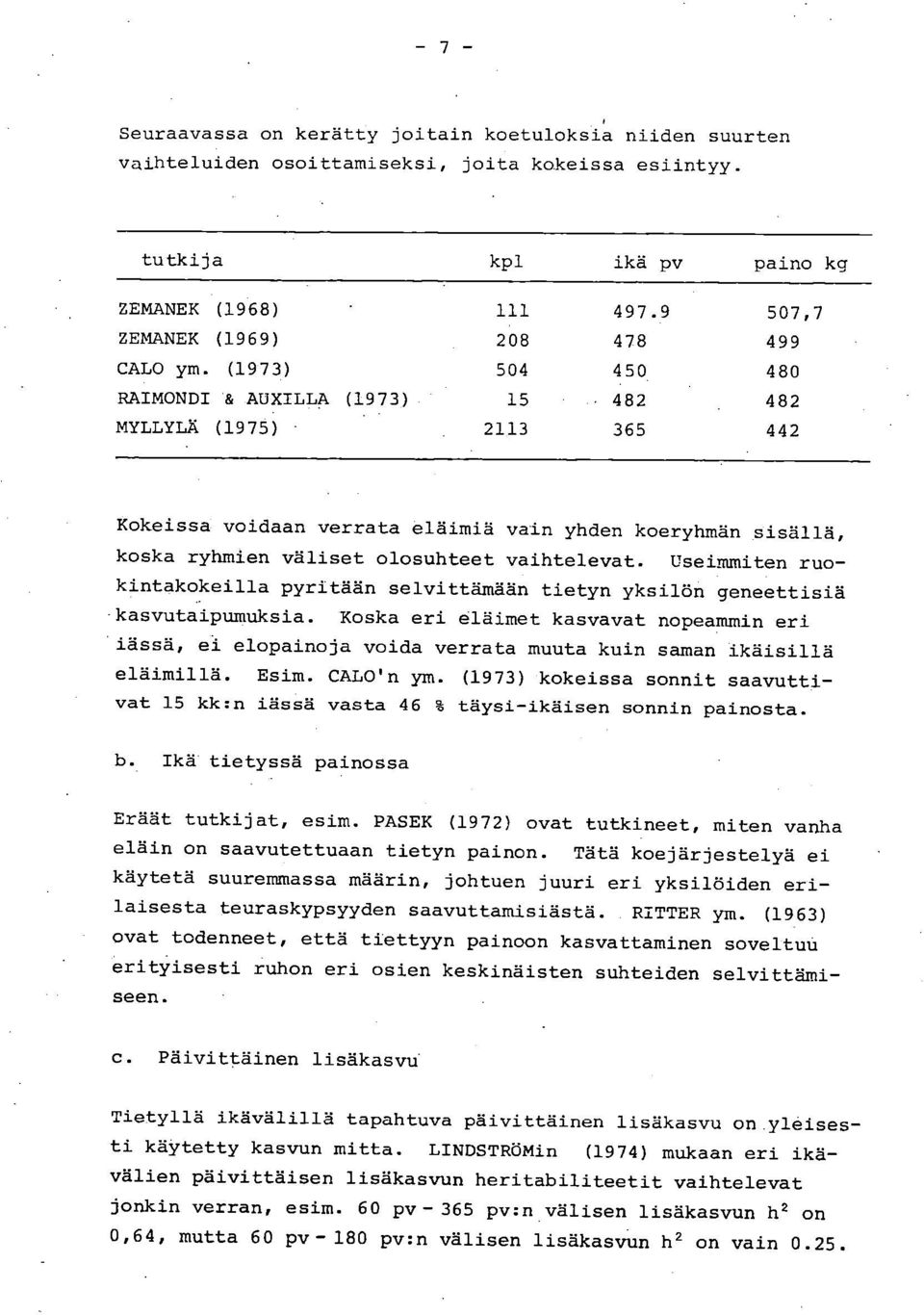 (1973) 504 450 480 RAIMONDI & AUXILLA (1973) 15 482 482 MYLLYLÄ (1975) - 2113 365 442 Kokeissa voidaan verrata eläimiä vain yhden koeryhmän sisällä, koska ryhmien väliset olosuhteet vaihtelevat.