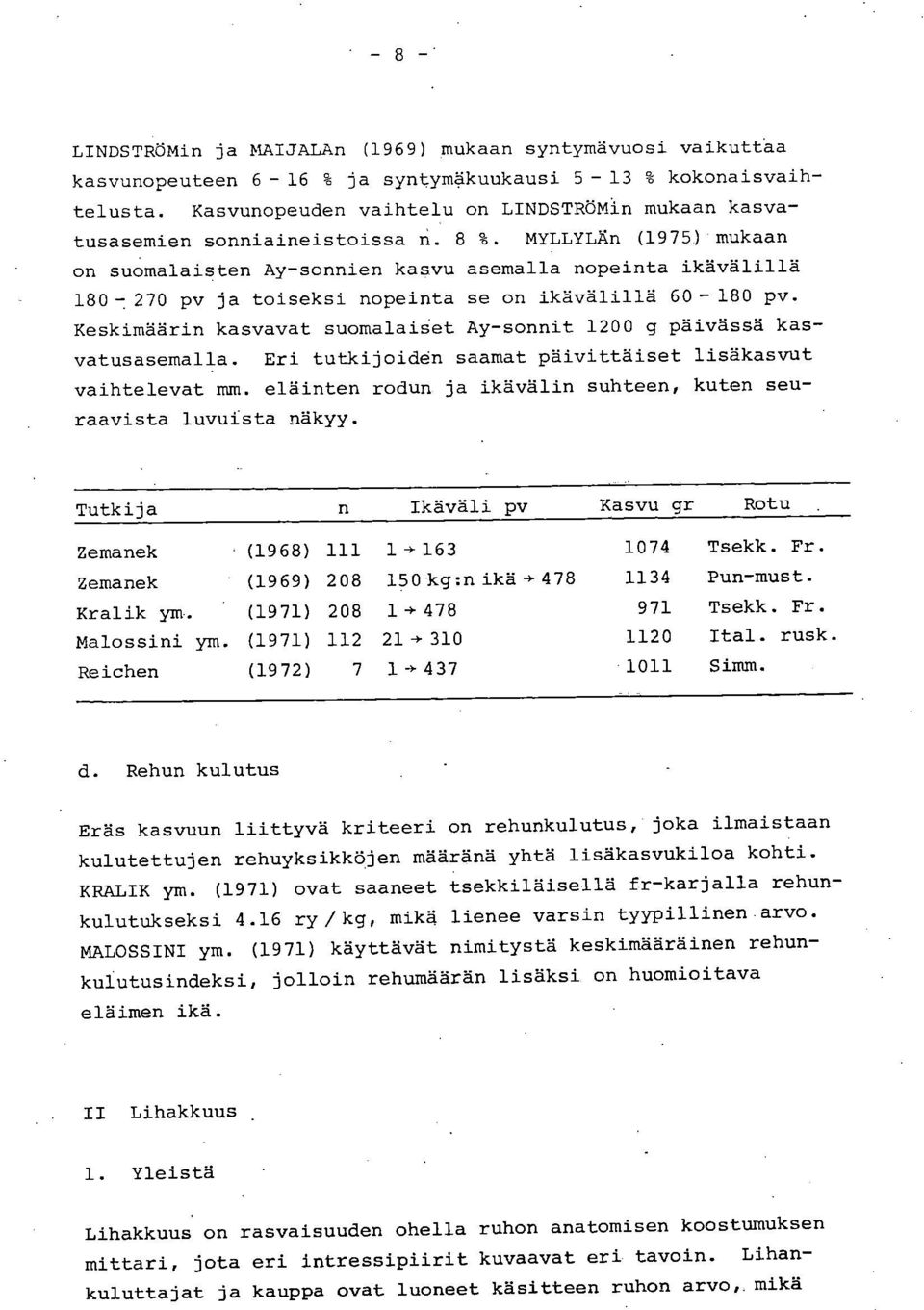 270 pv ja toiseksi nopeinta se on ikävälillä 60-180 pv. Keskimäärin kasvavat suomalaiset Ay-sonnit 1200 g päivässä kasvatusasemalla. Eri tutkijoiden saamat päivittäiset lisäkasvut vaihtelevat mm.